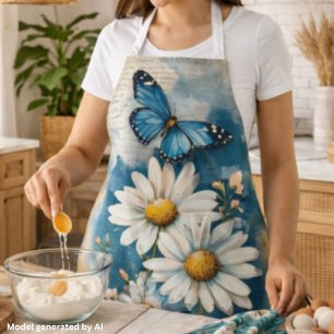 Vintage Blue Butterfly and Daisies Farmhouse Apron