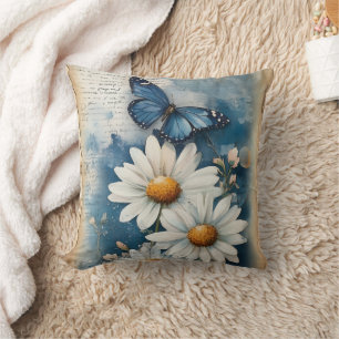 Vintage Blue Butterfly and Daisies   Farmhouse Cushion
