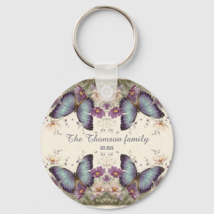 Vintage Blue Butterfly and Floral for Family Key Ring
