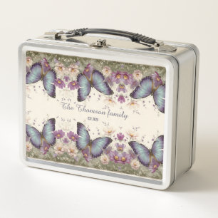 Vintage Blue Butterfly and Floral for Family Metal Lunch Box