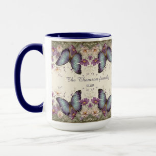 Vintage Blue Butterfly and Floral for Family Mug