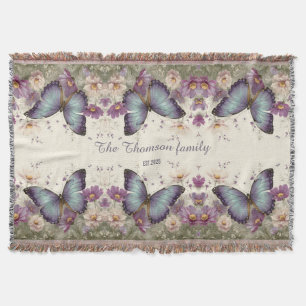 Vintage Blue Butterfly and Floral for Family Throw Blanket