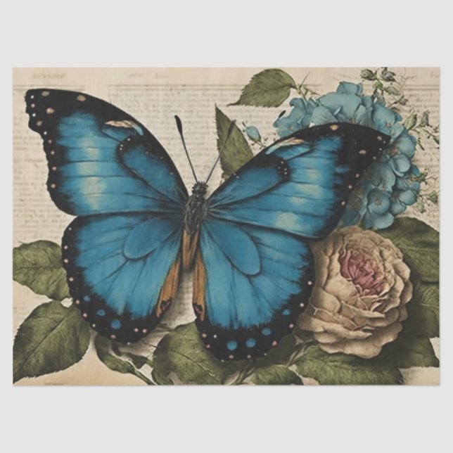 Vintage Blue Butterfly and Roses Decoupage Tissue Paper (Front)