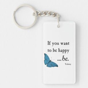 Vintage Blue Butterfly and Tolstoy Happiness Quote Key Ring
