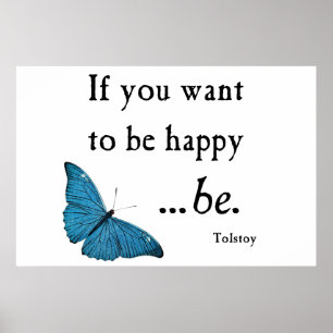 Vintage Blue Butterfly and Tolstoy Happiness Quote Poster