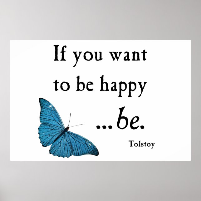 Vintage Blue Butterfly and Tolstoy Happiness Quote Poster (Front)