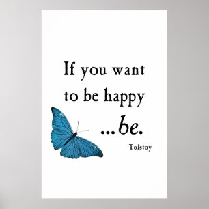 Vintage Blue Butterfly and Tolstoy Happiness Quote Poster