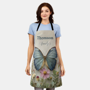 Vintage Blue Butterfly Floral Garden Family Apron