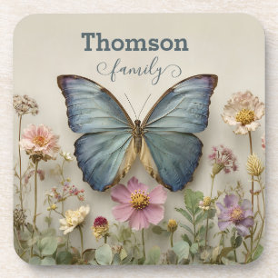 Vintage Blue Butterfly Floral Garden Family Coaster