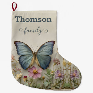 Vintage Blue Butterfly Floral Garden Family Large Christmas Stocking