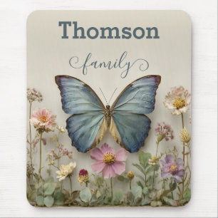 Vintage Blue Butterfly Floral Garden Family Mouse Mat