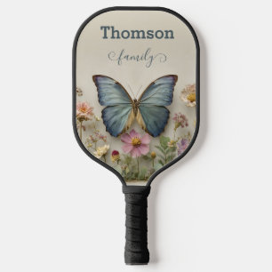 Vintage Blue Butterfly Floral Garden Family Pickleball Paddle