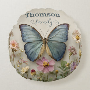 Vintage Blue Butterfly Floral Garden Family Round Cushion