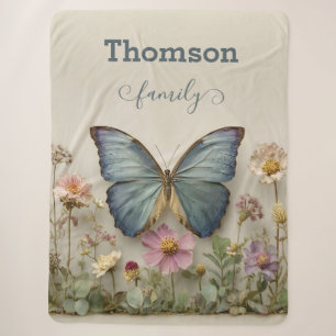Vintage Blue Butterfly Floral Garden Family Sherpa Blanket
