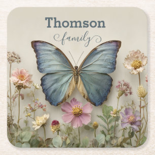 Vintage Blue Butterfly Floral Garden Family Square Paper Coaster