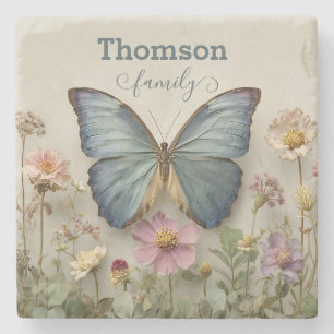 Vintage Blue Butterfly Floral Garden Family Stone Coaster
