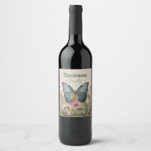 Vintage Blue Butterfly Floral Garden Family Wine Label