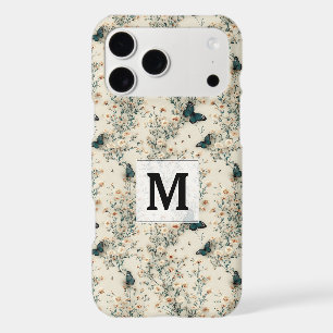 Vintage Blue Butterfly Floral Monogram