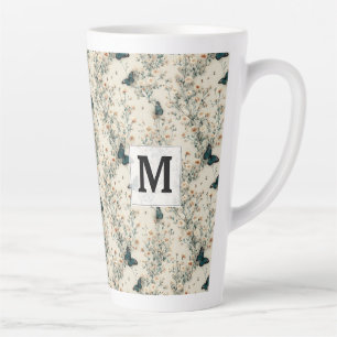 Vintage Blue Butterfly Floral Monogram Latte Mug