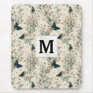 Vintage Blue Butterfly Floral Monogram Mouse Mat