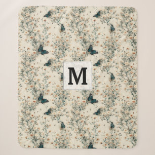 Vintage Blue Butterfly Floral Monogram Sherpa Blanket