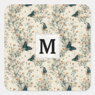 Vintage Blue Butterfly Floral Monogram Square Sticker