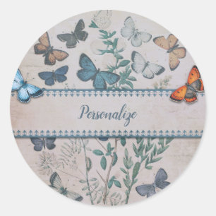Vintage Blue Butterfly Pattern Personalised Classic Round Sticker