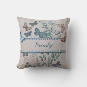 Vintage Blue Butterfly Pattern Personalised Cushion