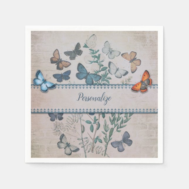 Vintage Blue Butterfly Pattern Personalised Napkin (Front)