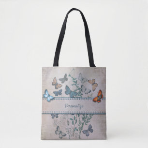 Vintage Blue Butterfly Pattern Personalised Tote Bag