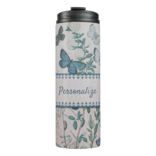 Vintage Blue Butterfly Pattern Personalised Travel Thermal Tumbler