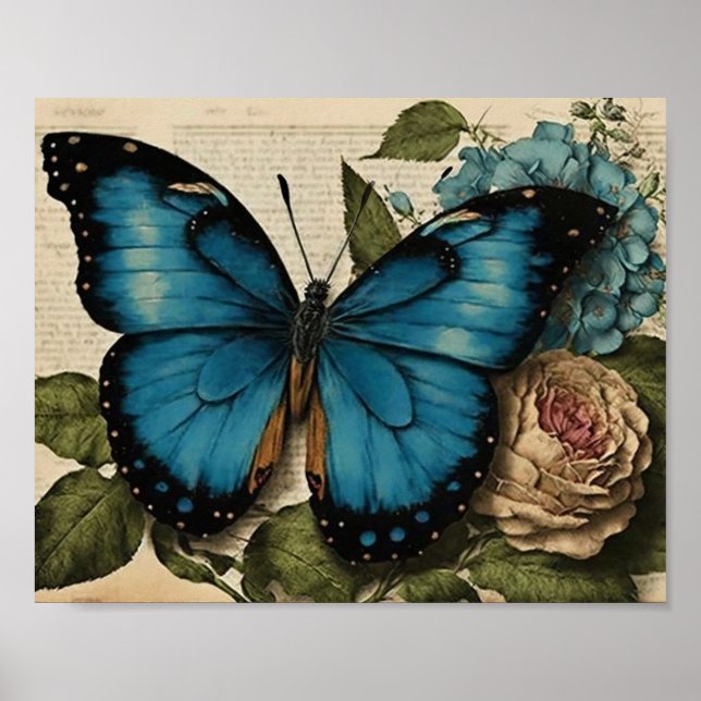 Vintage Blue Butterfly Pink Rose Blue Hydrangea  Poster (Front)