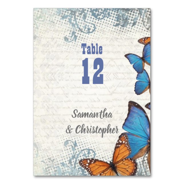 Vintage blue butterfly table number (Front)