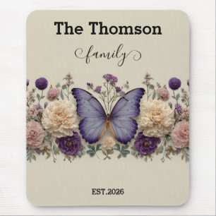 Vintage Blue Butterfly with Floral for Family Mouse Mat