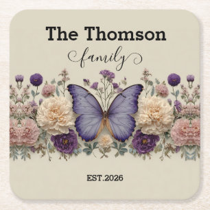 Vintage Blue Butterfly with Floral for Family Square Paper Coaster