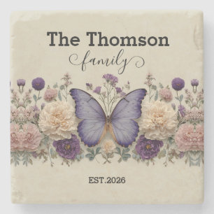 Vintage Blue Butterfly with Floral for Family Stone Coaster