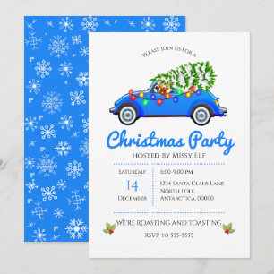Vintage Blue Car and Tree Christmas Invitation