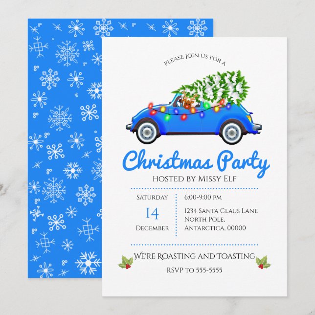 Vintage Blue Car and Tree Christmas Invitation (Front/Back)