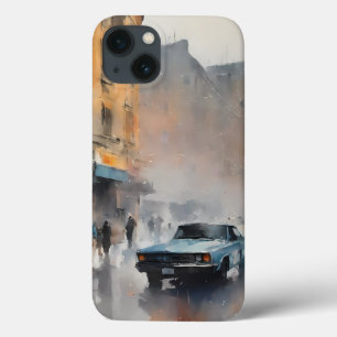 Vintage Blue Car in Foggy Cityscape iPhone 13 Case