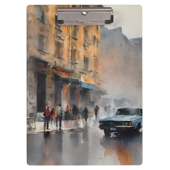 Vintage Blue Car in Foggy Cityscape  Clipboard (Front)