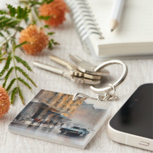 Vintage Blue Car in Foggy Cityscape Key Ring