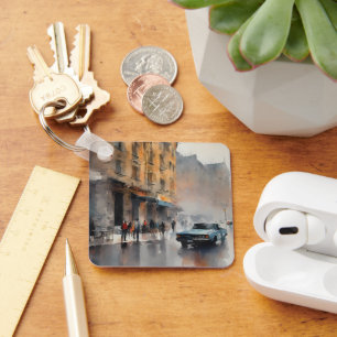 Vintage Blue Car in Foggy Cityscape Key Ring