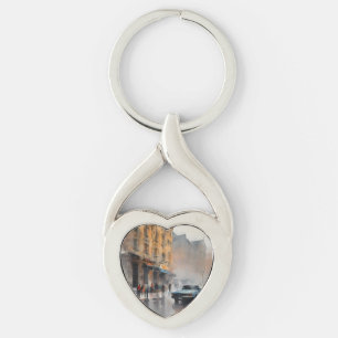 Vintage Blue Car in Foggy Cityscape Key Ring