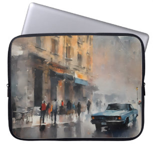 Vintage Blue Car in Foggy Cityscape Laptop Sleeve
