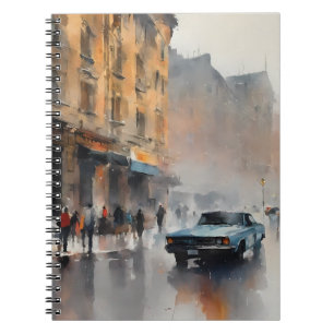 Vintage Blue Car in Foggy Cityscape Notebook