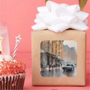 Vintage Blue Car in Foggy Cityscape Square Sticker