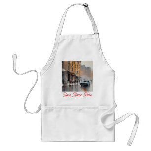Vintage Blue Car in Foggy Cityscape Standard Apron