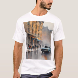 Vintage Blue Car in Foggy Cityscape T-Shirt