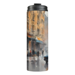 Vintage Blue Car in Foggy Cityscape Thermal Tumbler