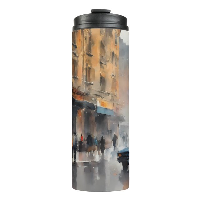 Vintage Blue Car in Foggy Cityscape  Thermal Tumbler (Front)